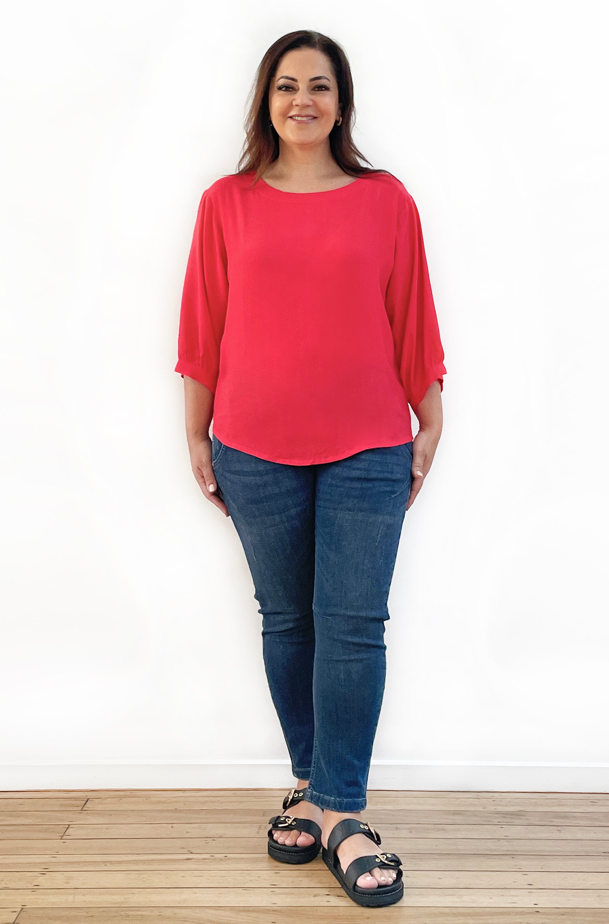 VISCOSE GATHERED SLEEVE TOP POPPY RED