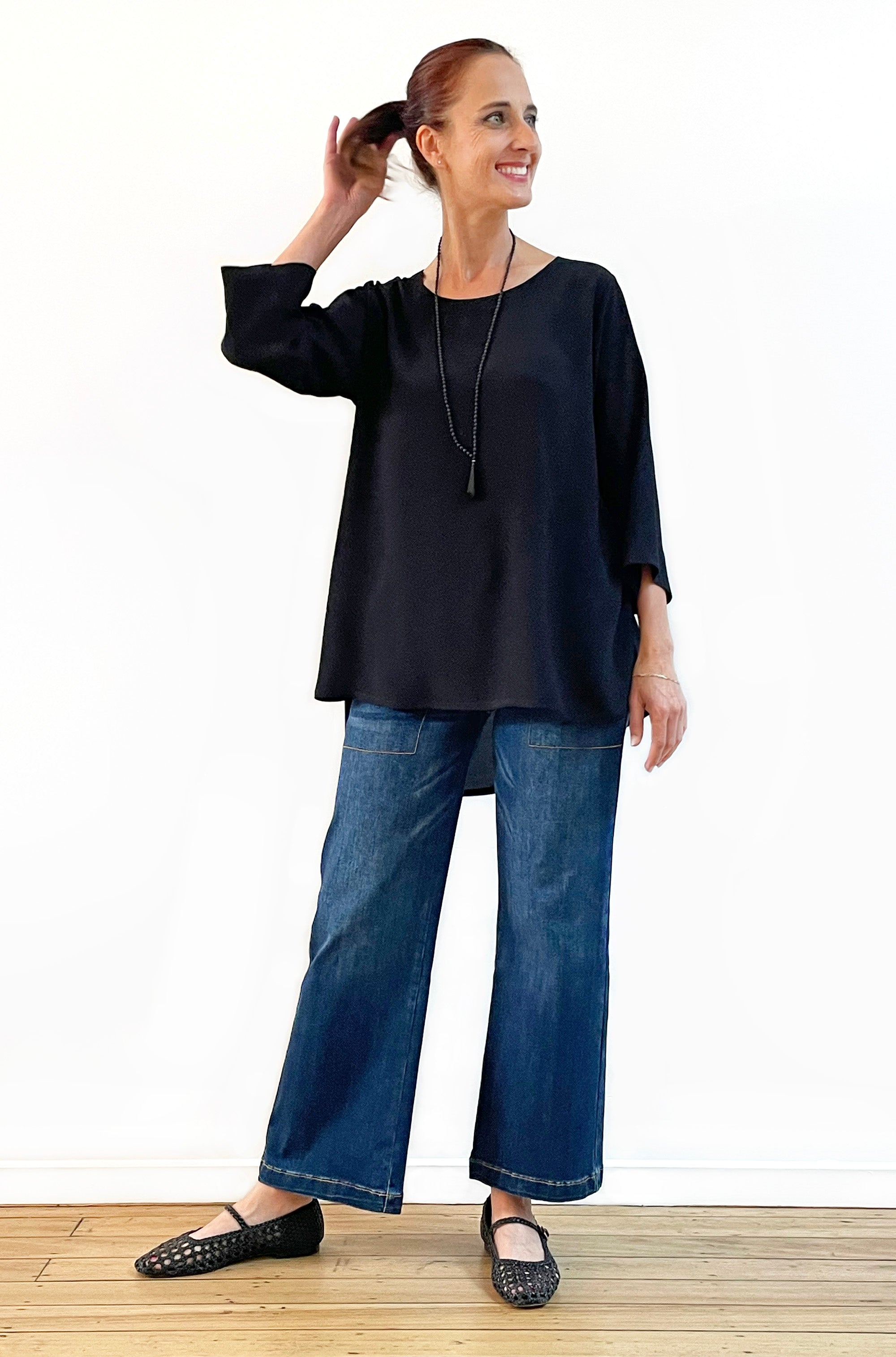 VISCOSE 3/4 SLEEVE HI LO TOP BLACK
