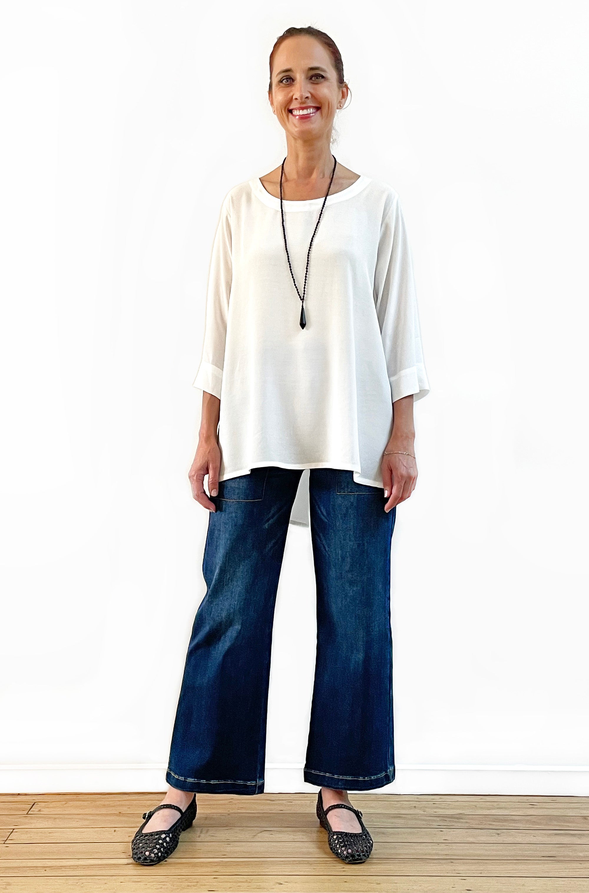VISCOSE 3/4 SLEEVE HI LO TOP IVORY