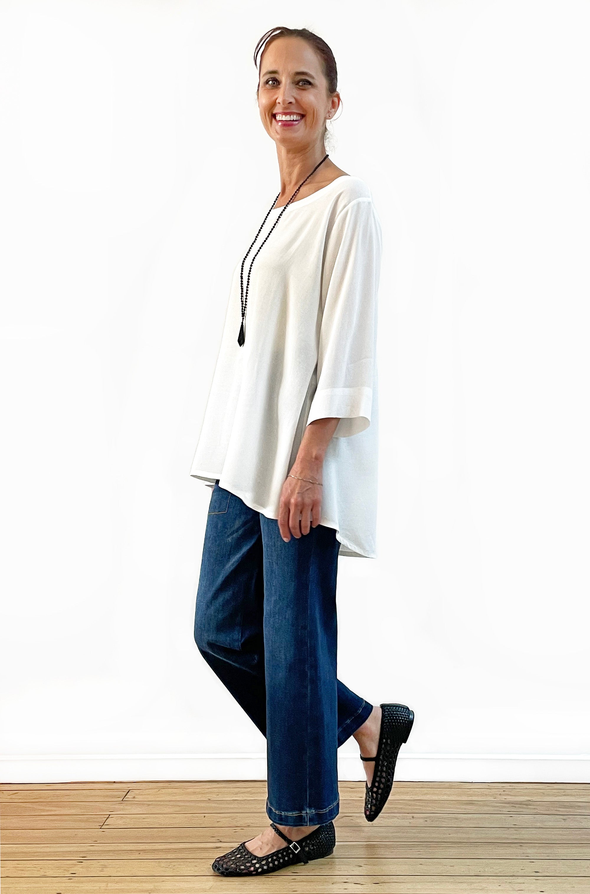 VISCOSE 3/4 SLEEVE HI LO TOP IVORY