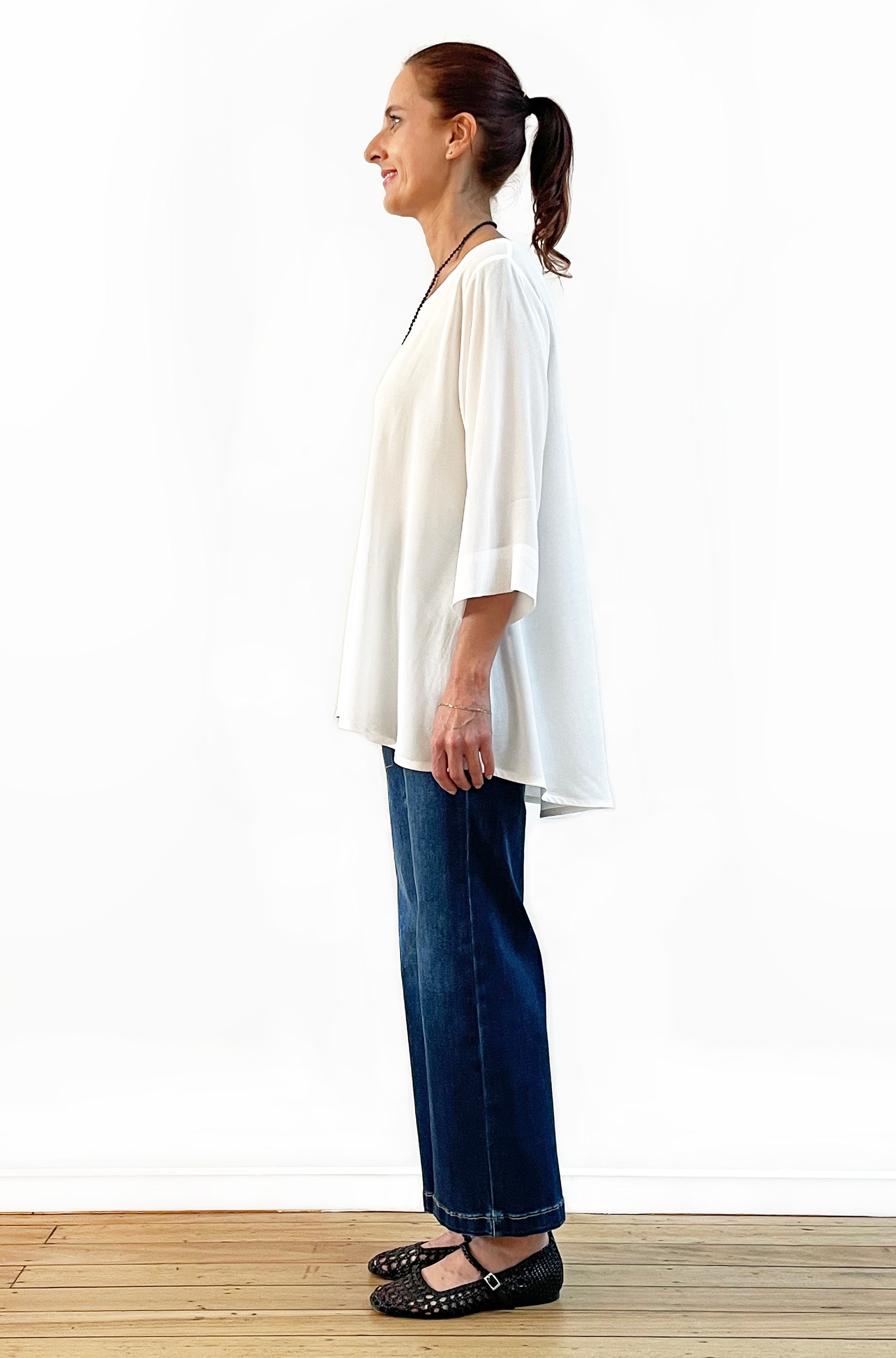 VISCOSE 3/4 SLEEVE HI LO TOP IVORY