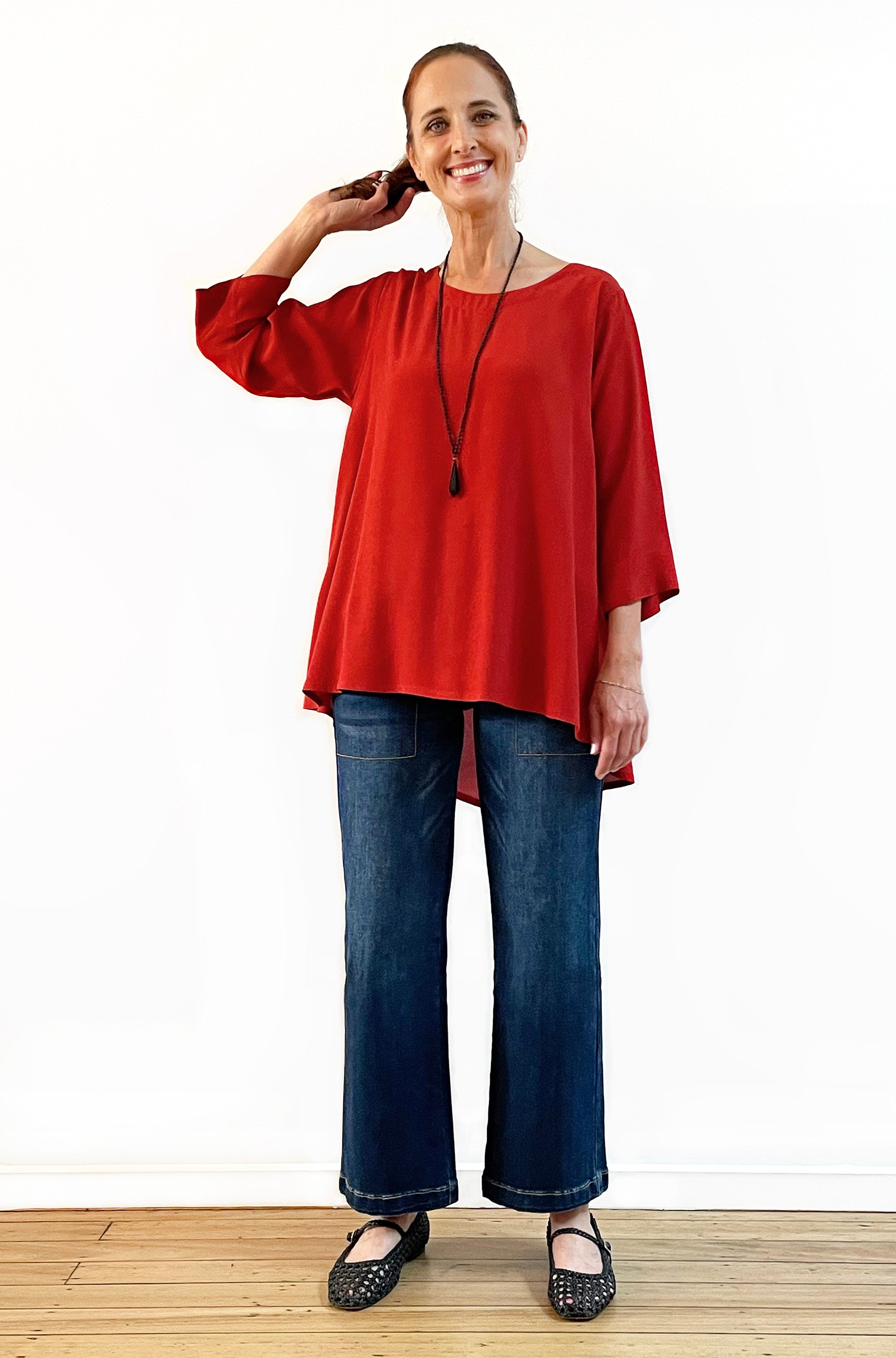 VISCOSE 3/4 SLEEVE HI LO TOP PAPRIKA