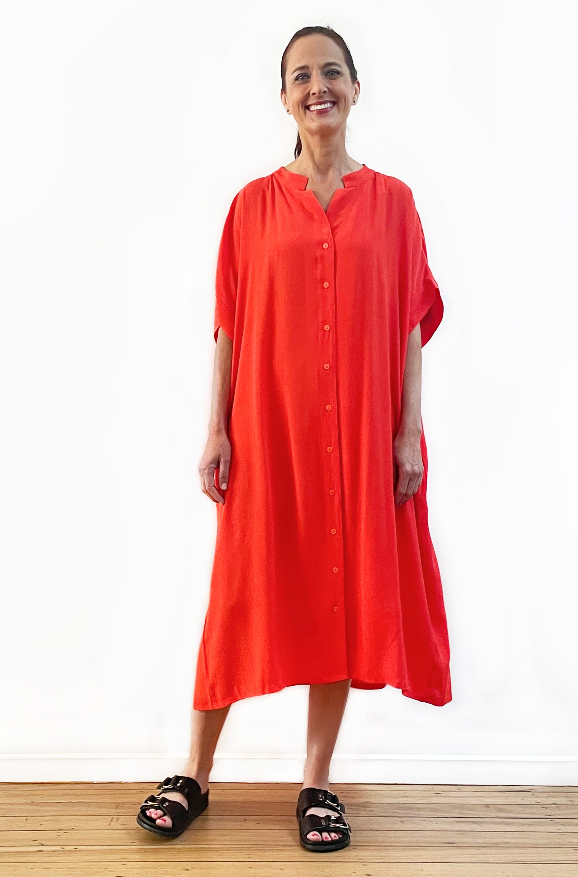 VISCOSE PLEAT BACK DRESS FLAME