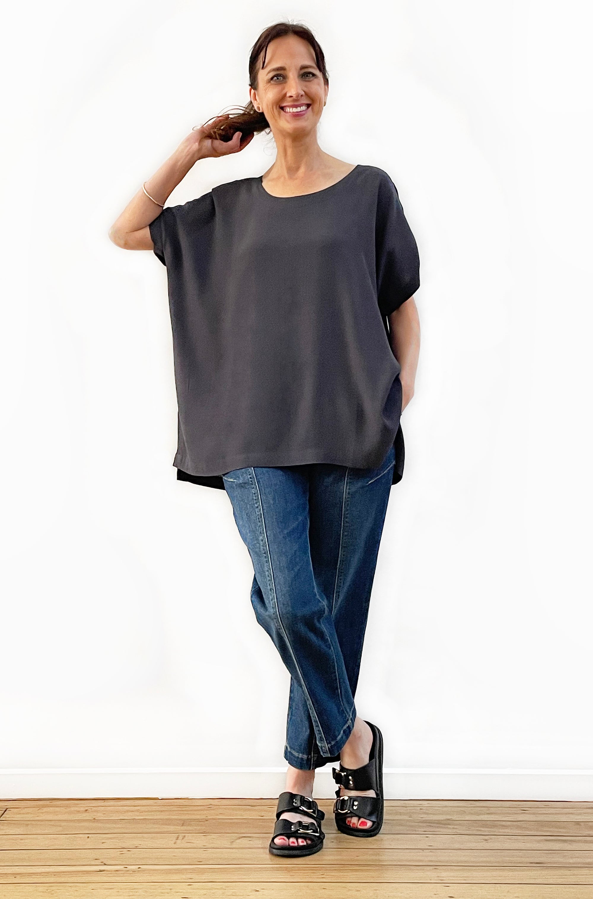 VISCOSE WOVEN TEE TOP LEAD GREY