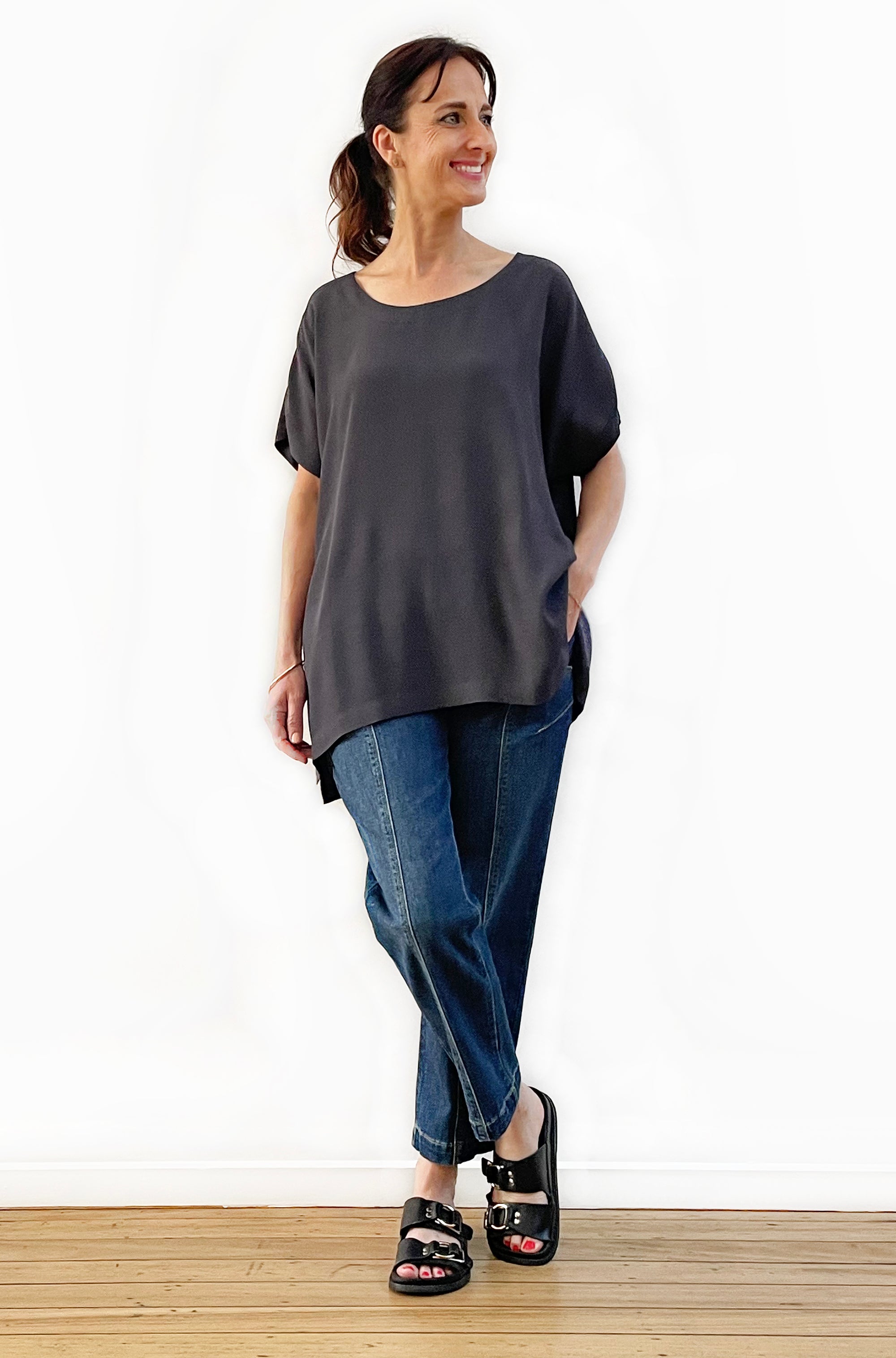 VISCOSE WOVEN TEE TOP LEAD GREY