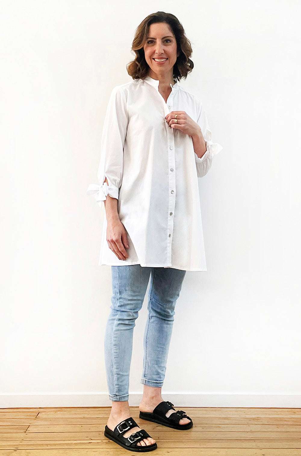 COTTON STAND COLLAR TIE SLEEVE SWING SHIRT WHITE