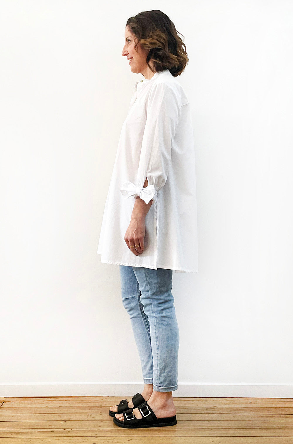 COTTON STAND COLLAR TIE SLEEVE SWING SHIRT WHITE