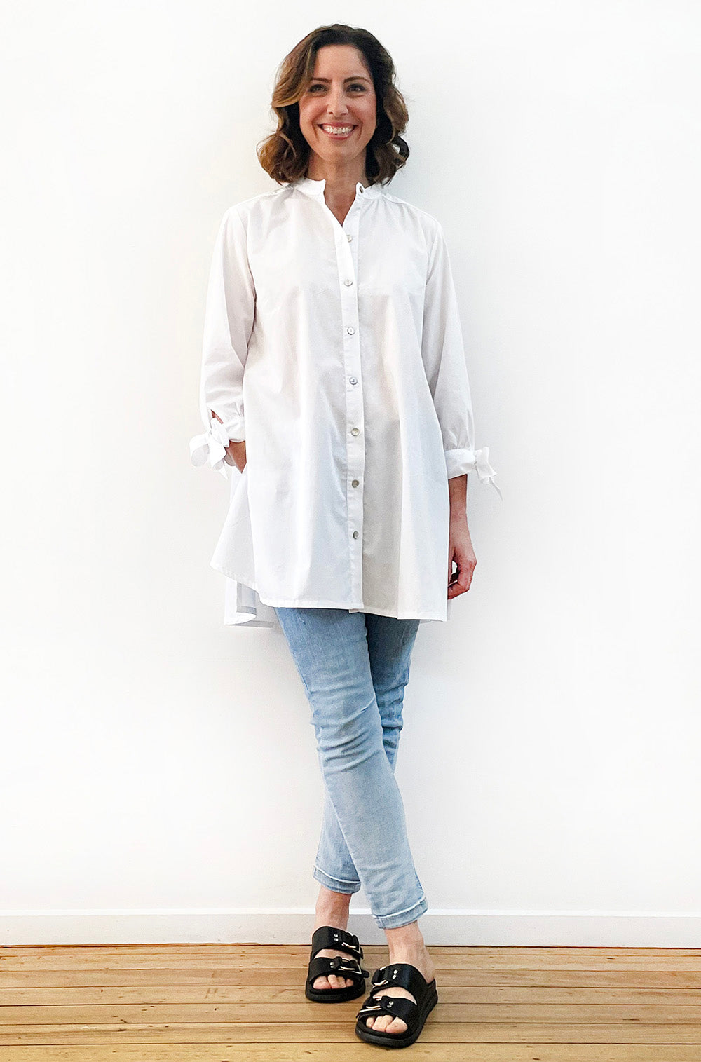 COTTON STAND COLLAR TIE SLEEVE SWING SHIRT WHITE