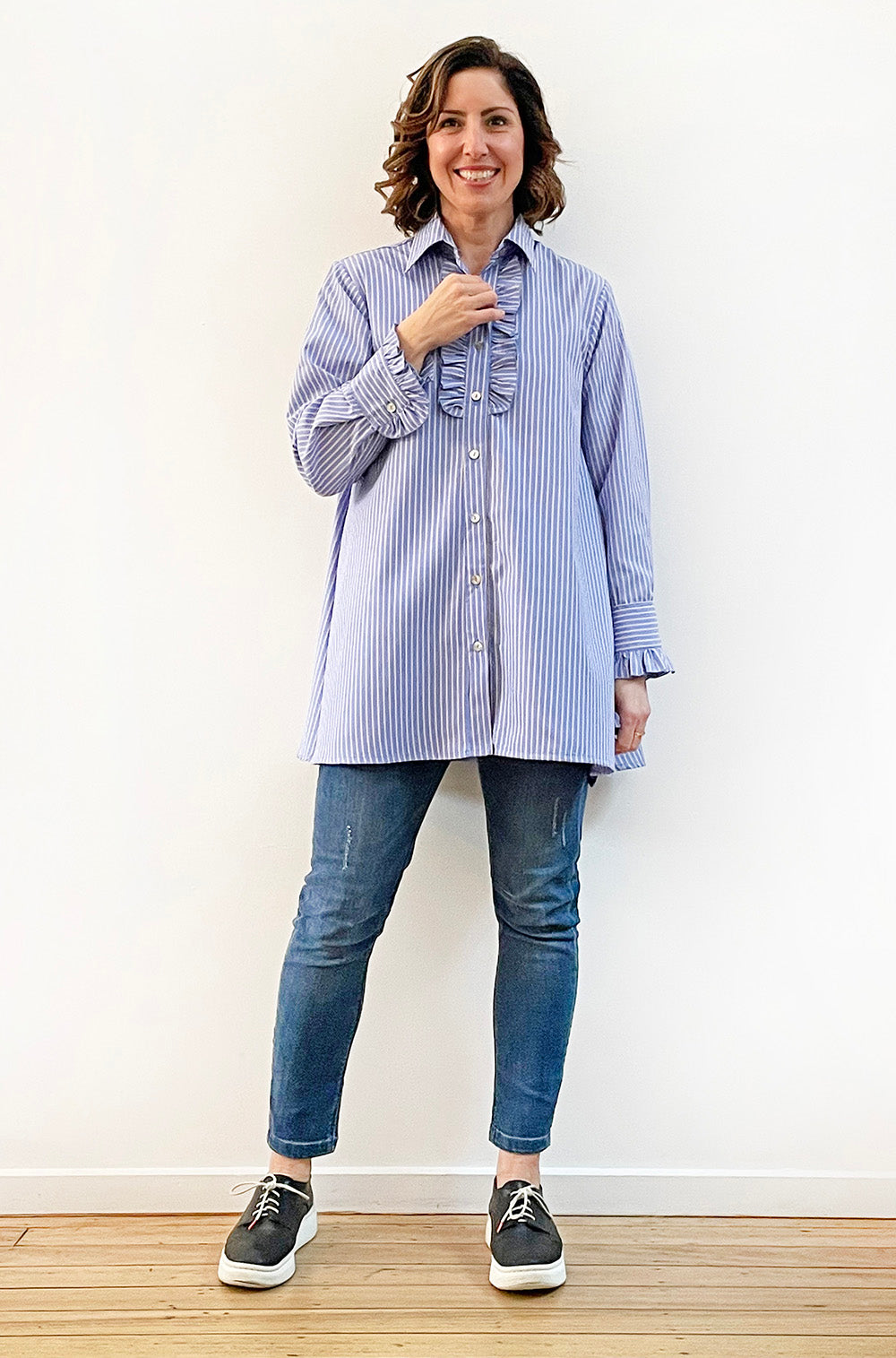 FRILL DETAIL SWING SHIRT BLUE STRIPE