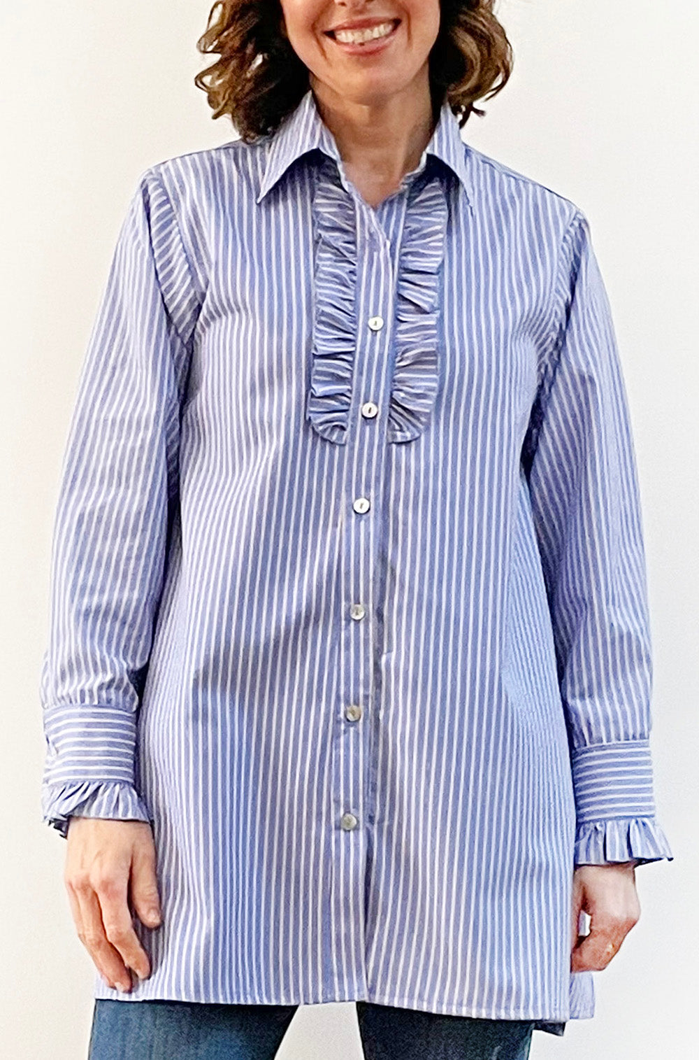 FRILL DETAIL SWING SHIRT BLUE STRIPE