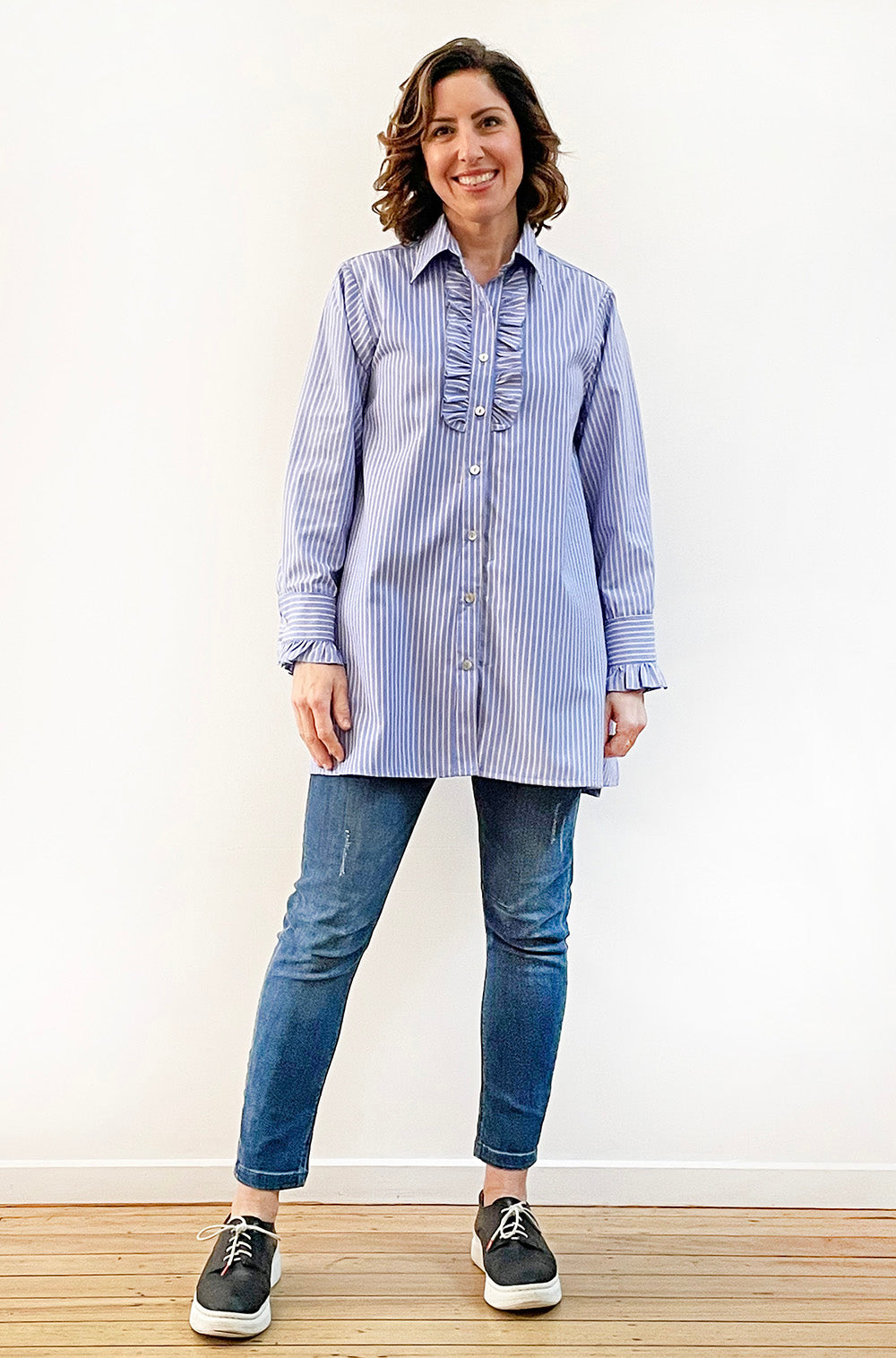 FRILL DETAIL SWING SHIRT BLUE STRIPE