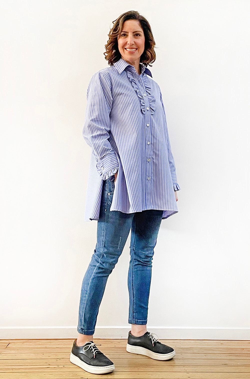 FRILL DETAIL SWING SHIRT BLUE STRIPE