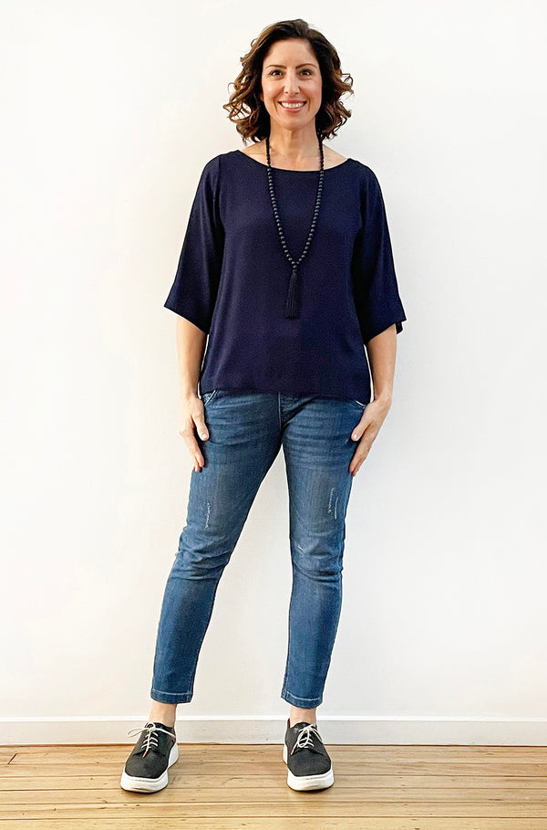 VISCOSE FITTED SLEEVE TOP NAVY