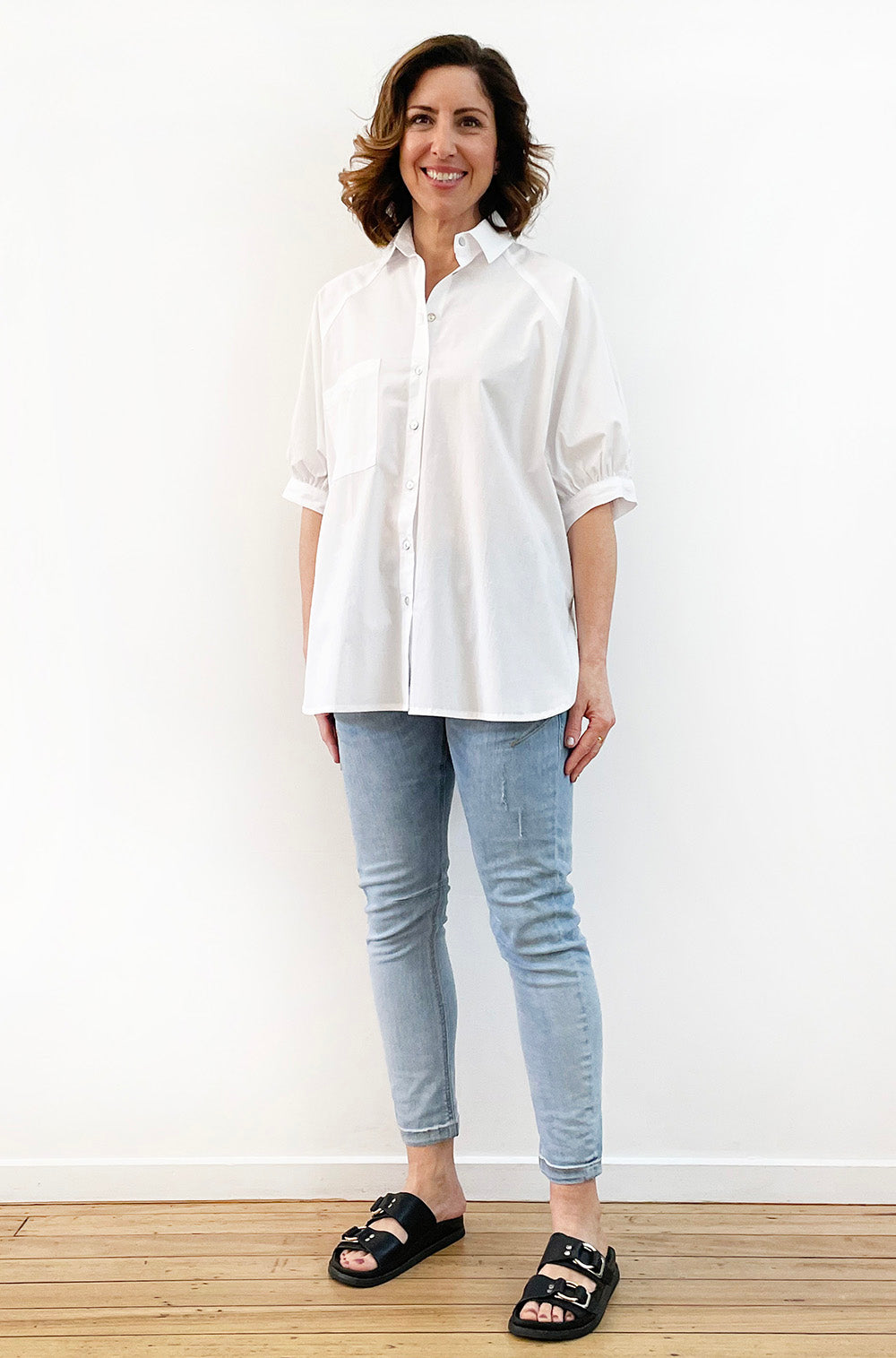 COTTON GATHERED SLEEVE SHIRT WHITE