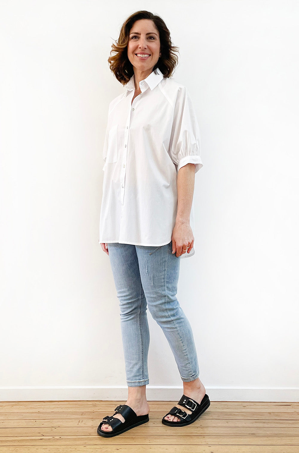 COTTON GATHERED SLEEVE SHIRT WHITE