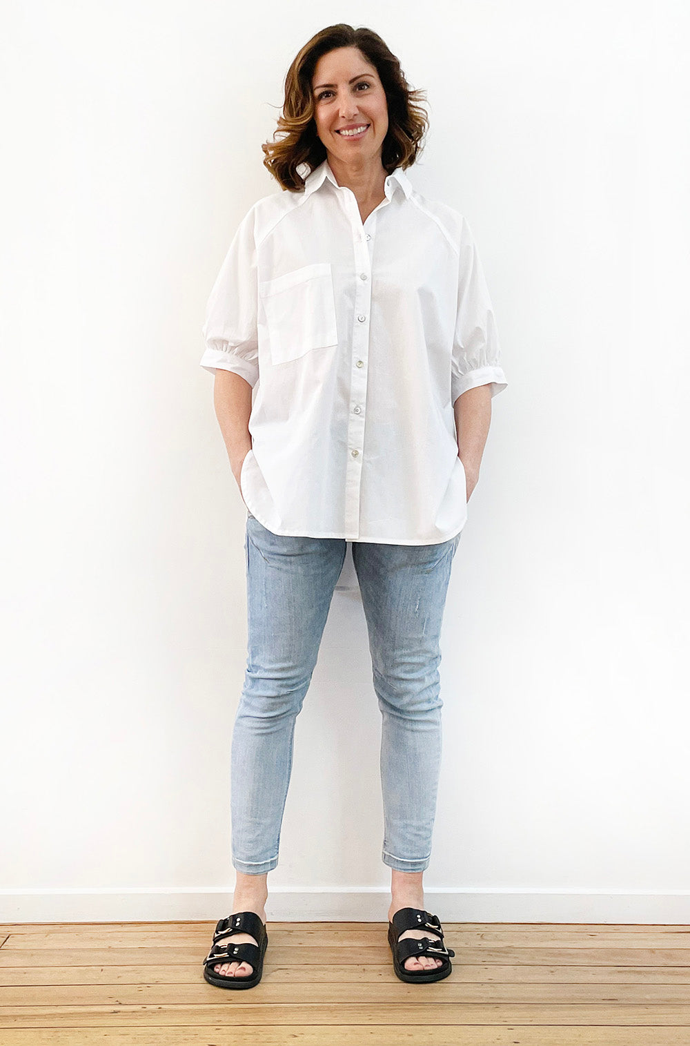 COTTON GATHERED SLEEVE SHIRT WHITE