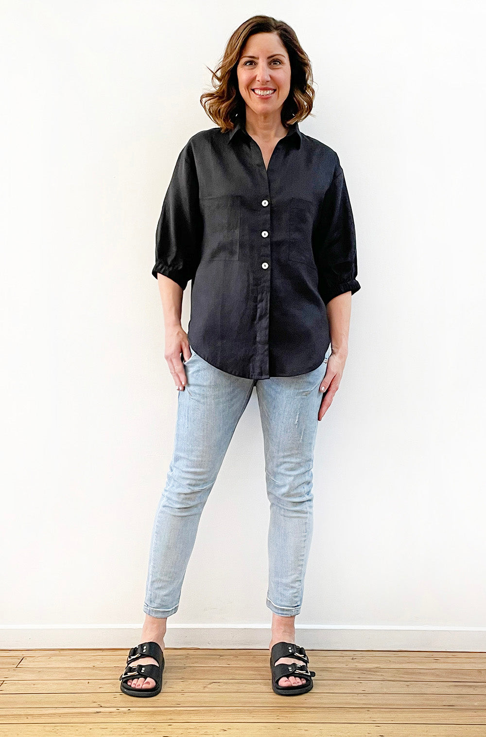 LINEN BUTTON THRU SHIRT BLACK