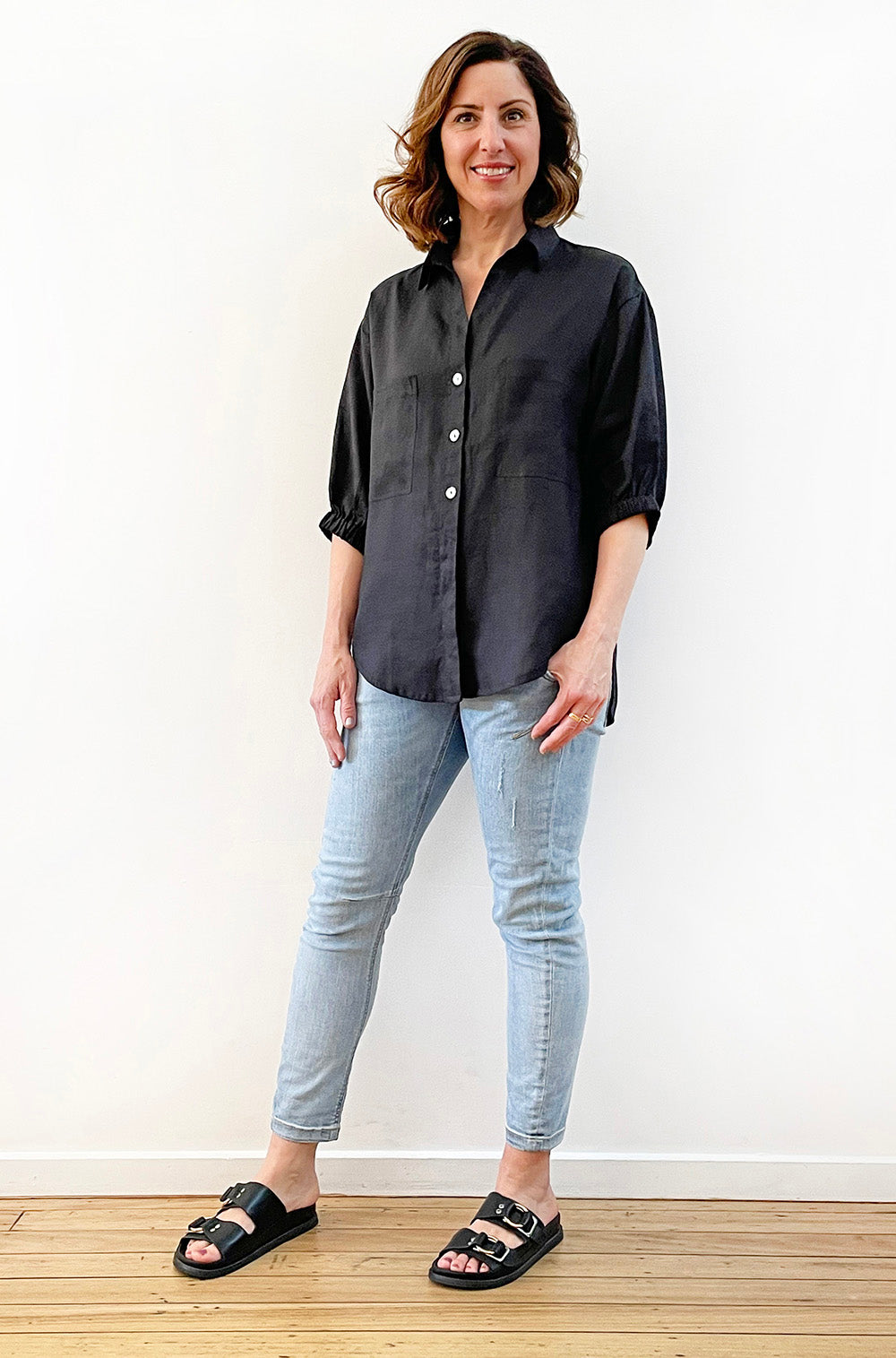 LINEN BUTTON THRU SHIRT BLACK