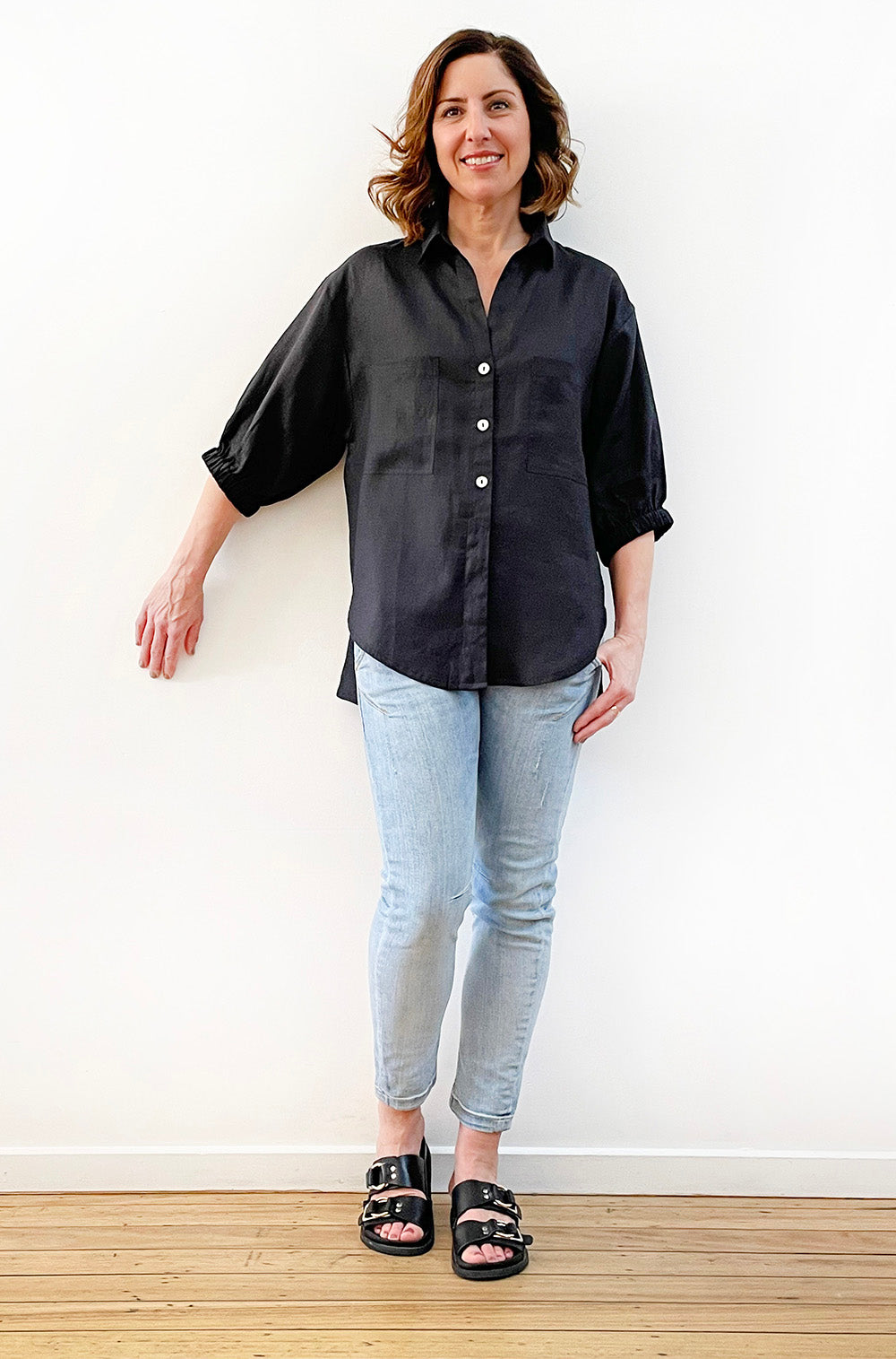 LINEN BUTTON THRU SHIRT BLACK