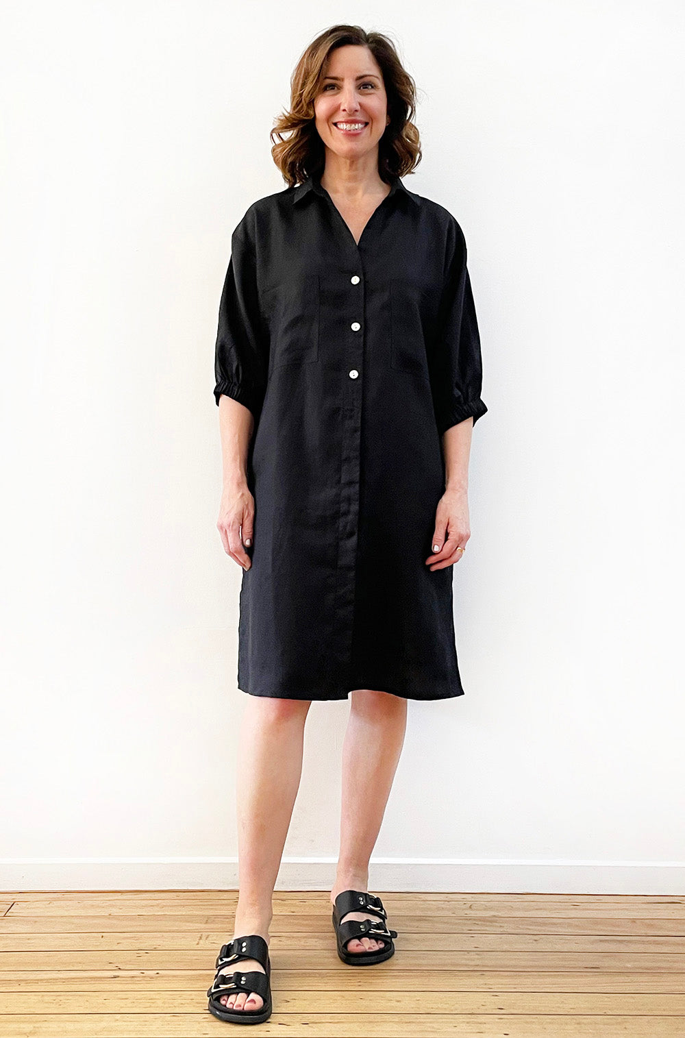 LINEN BUTTON THRU SHIRT DRESS BLACK