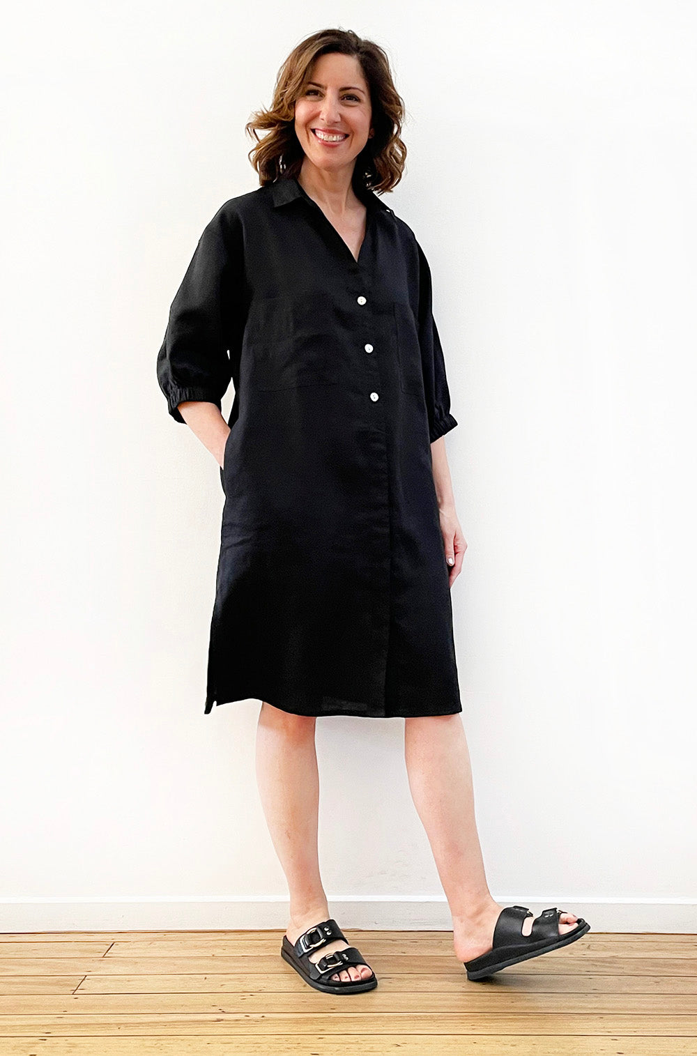 LINEN BUTTON THRU SHIRT DRESS BLACK