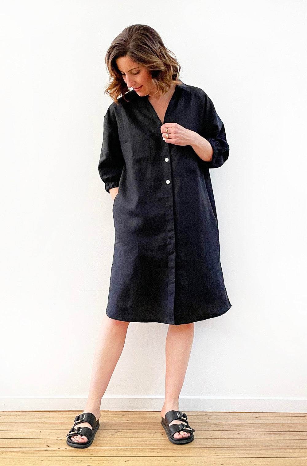 LINEN BUTTON THRU SHIRT DRESS BLACK