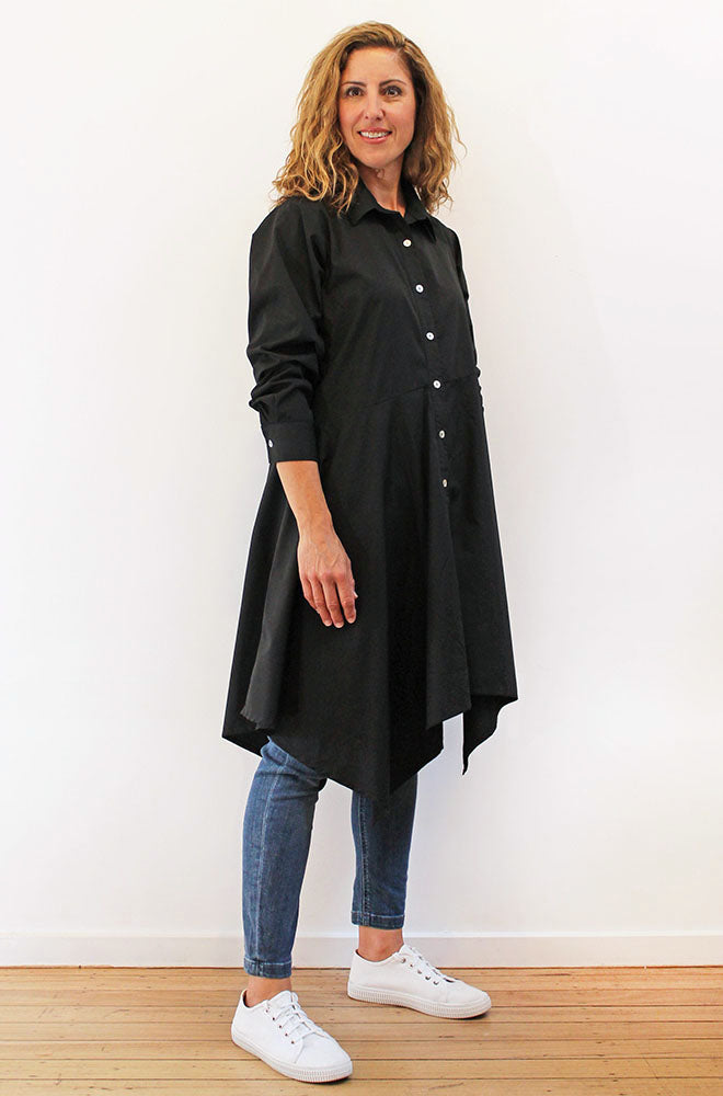 COTTON ASYMMETRICAL SHIRT DRESS BLACK