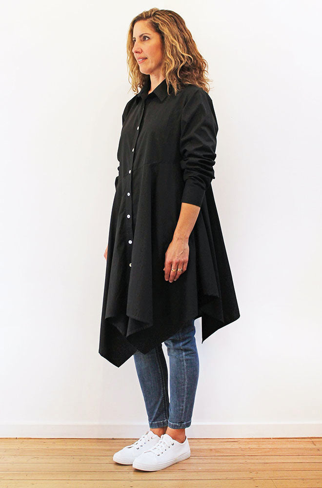 COTTON ASYMMETRICAL SHIRT DRESS BLACK