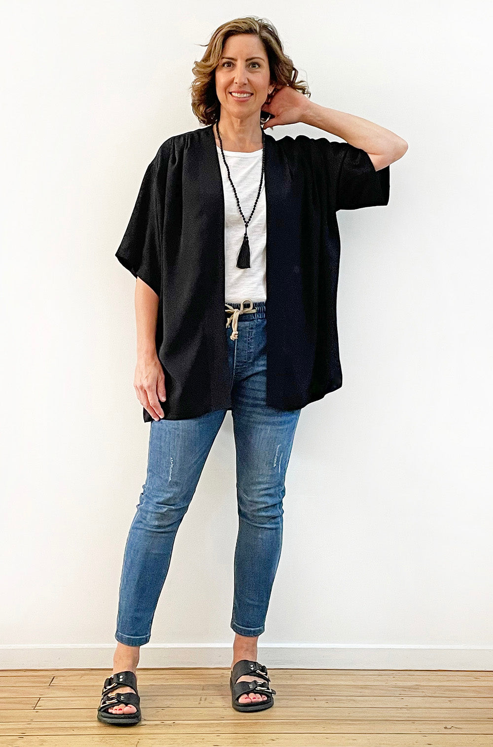 VISCOSE BELTED KIMONO BLACK