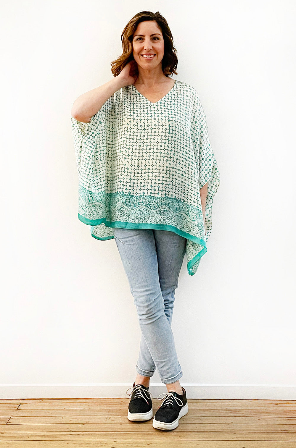 SILK PONCHO IN LIGHT TEAL AND IVORY PRINT