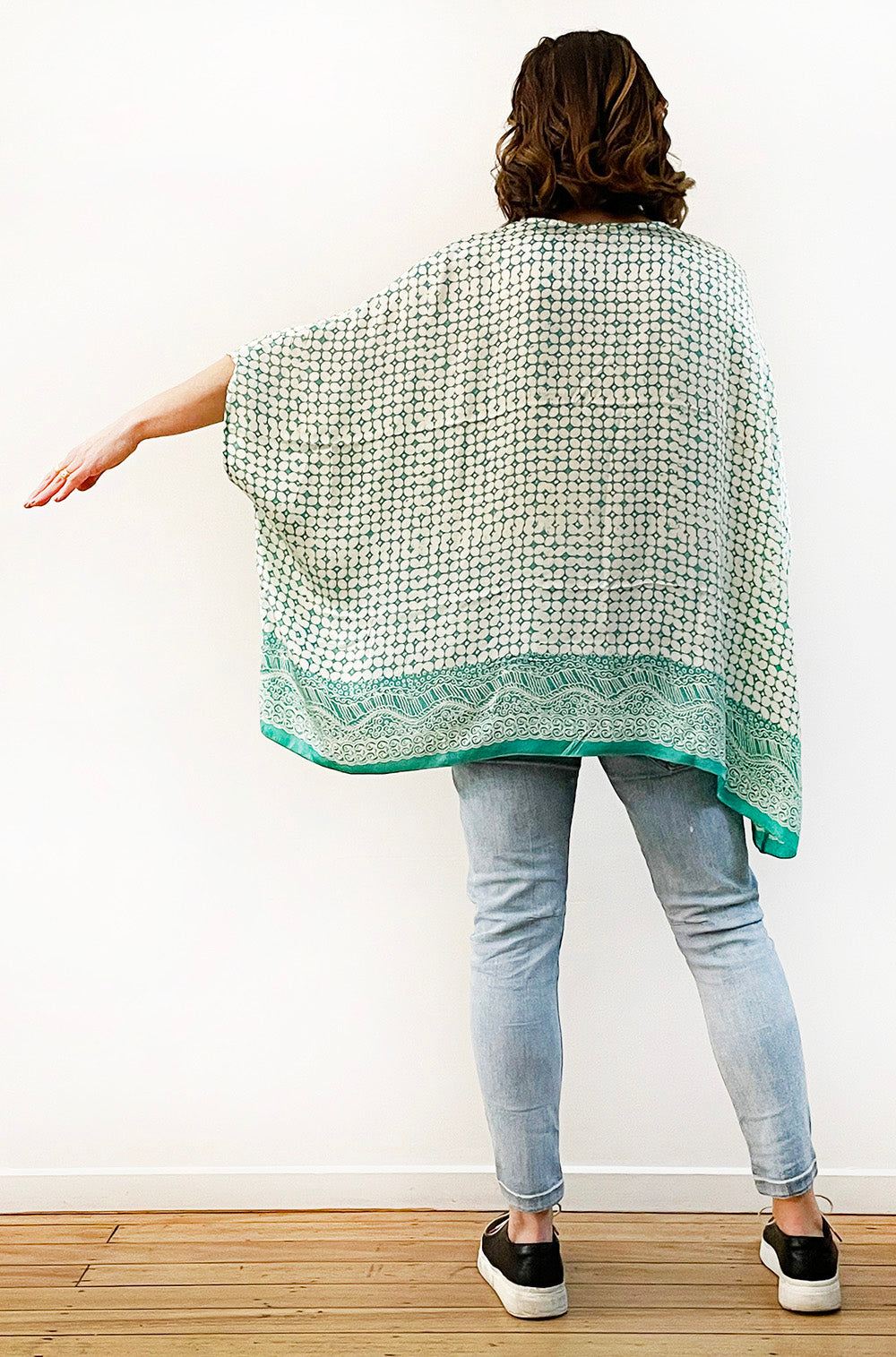 SILK PONCHO IN LIGHT TEAL AND IVORY PRINT