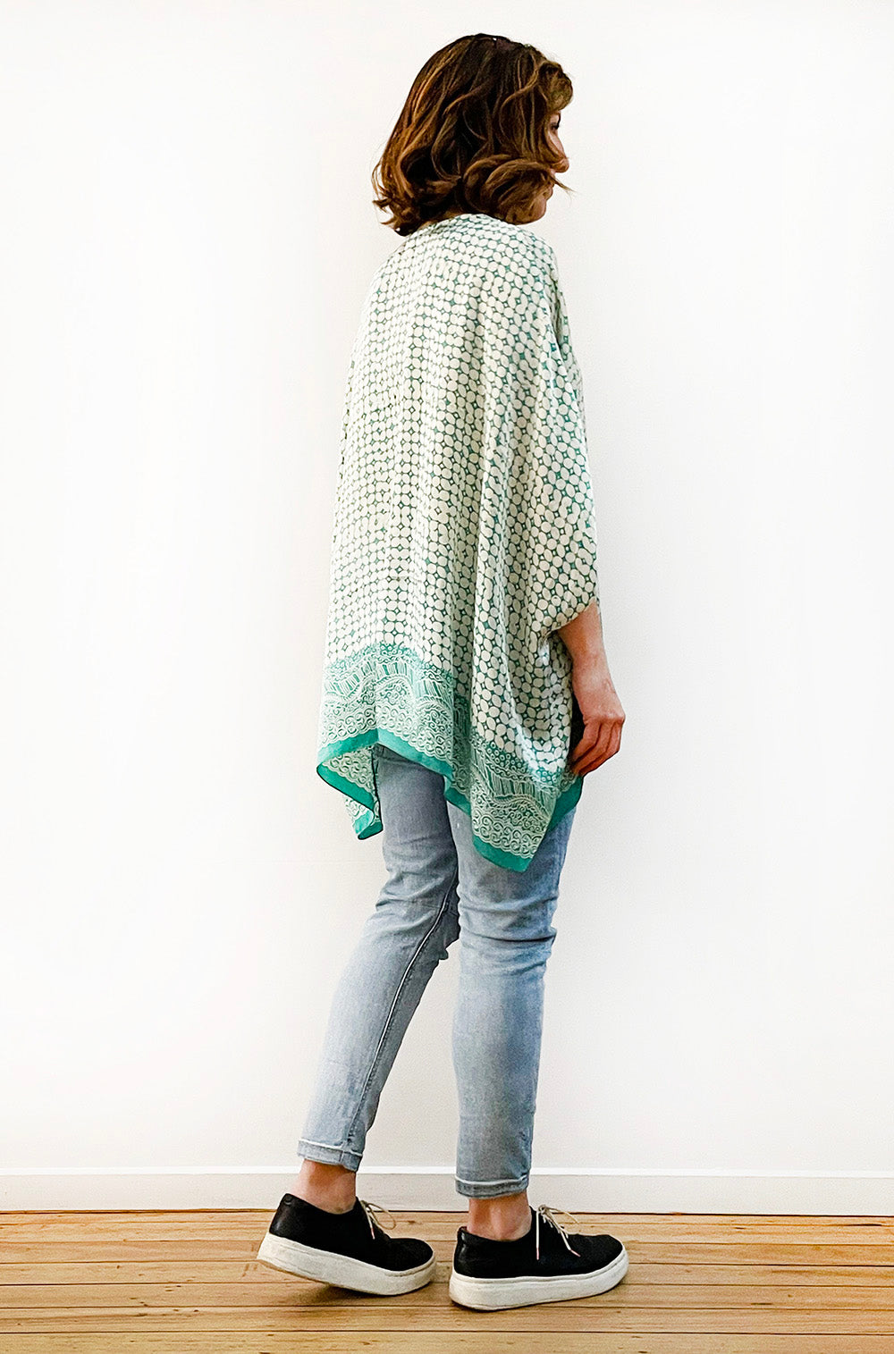 SILK PONCHO IN LIGHT TEAL AND IVORY PRINT