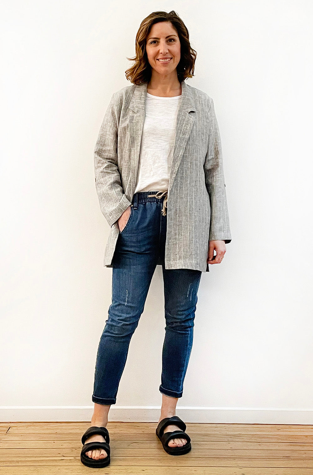 LINEN RELAXED BLAZER KHAKI PINSTRIPE