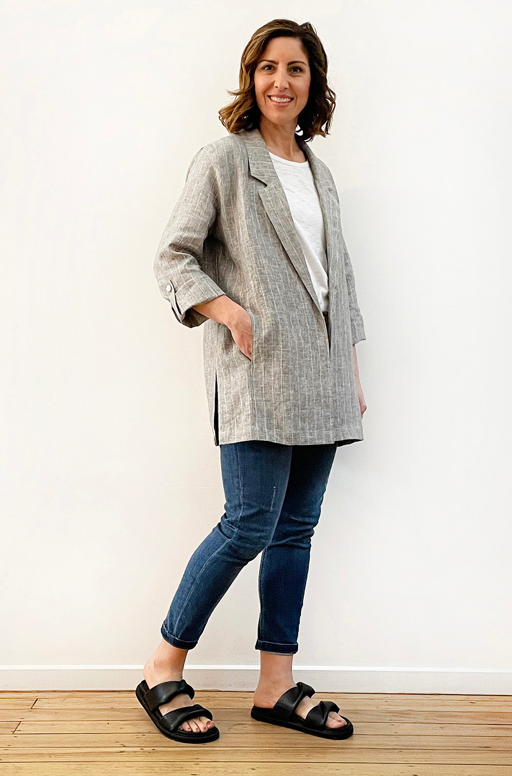 LINEN RELAXED BLAZER KHAKI PINSTRIPE