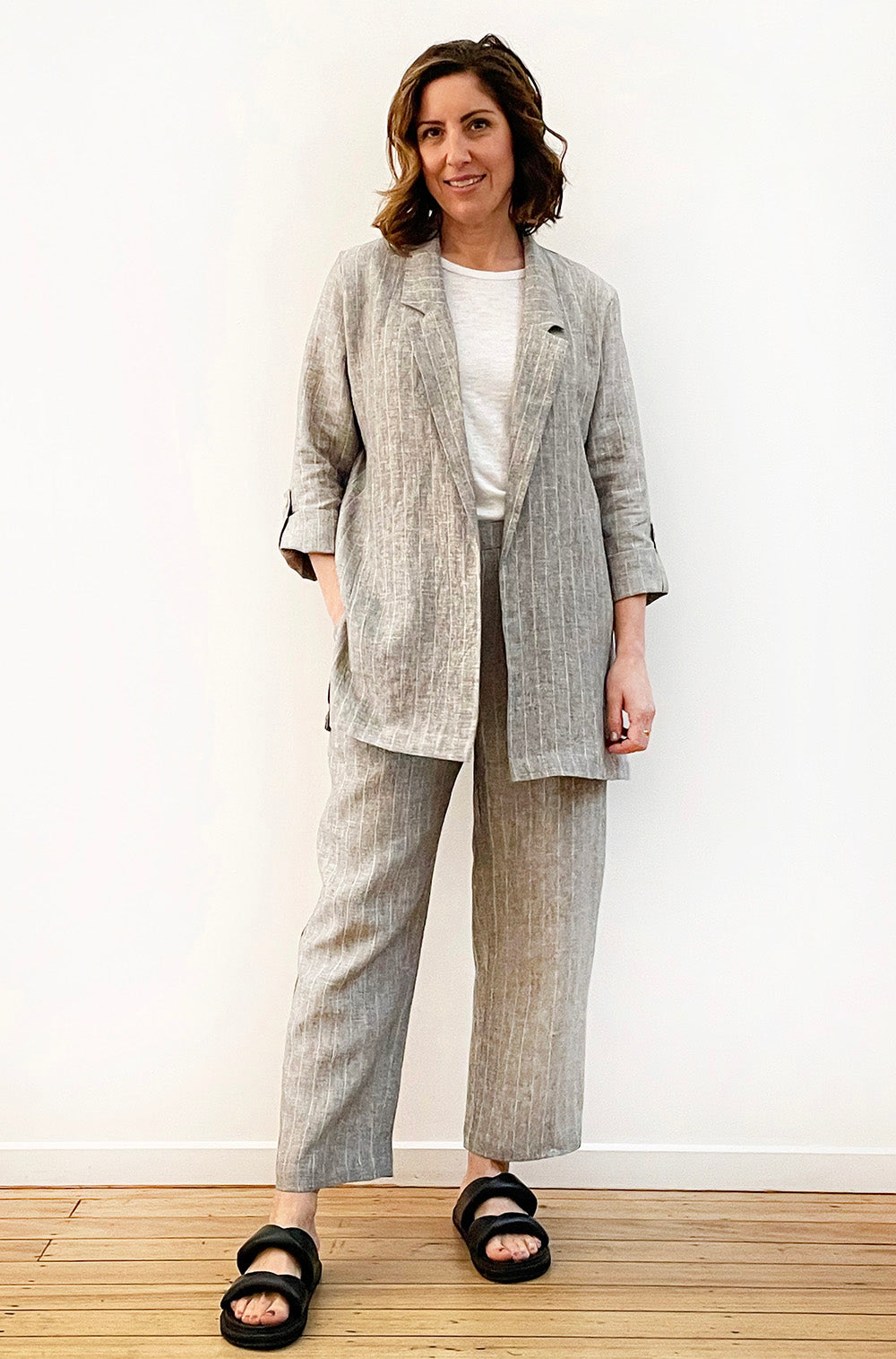 LINEN RELAXED BLAZER KHAKI PINSTRIPE