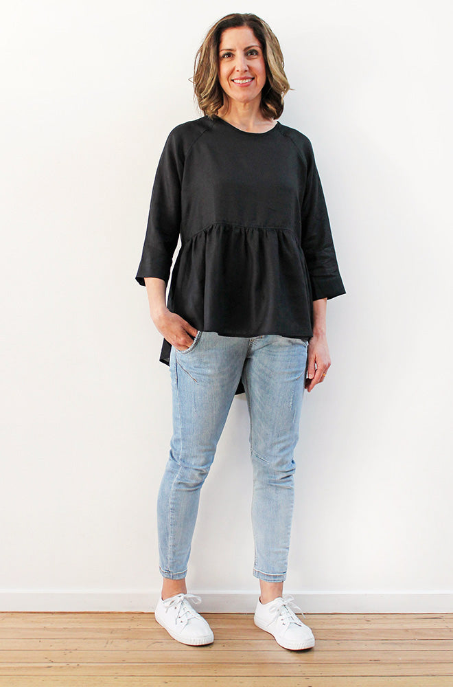 LINEN HI LO PEPLUM TOP BLACK