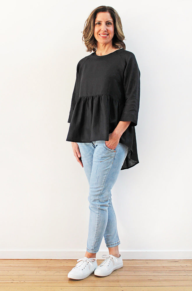 LINEN HI LO PEPLUM TOP BLACK