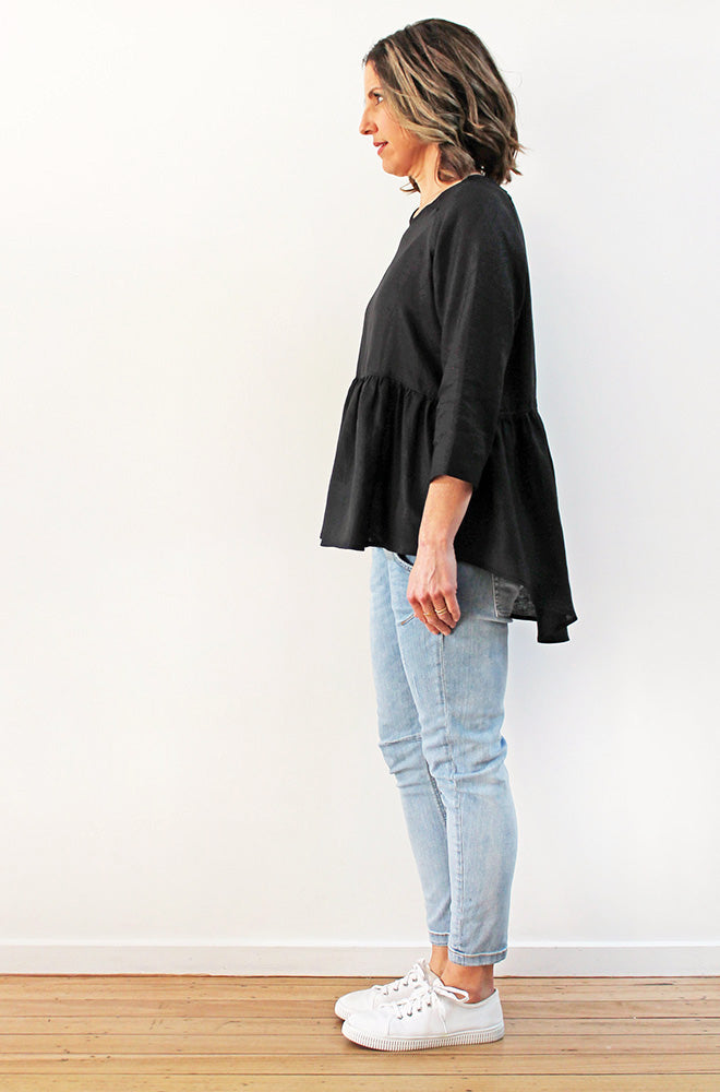 LINEN HI LO PEPLUM TOP BLACK