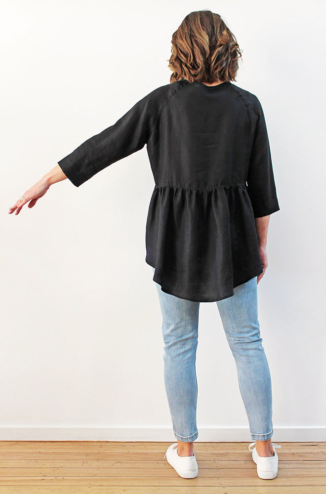 LINEN HI LO PEPLUM TOP BLACK