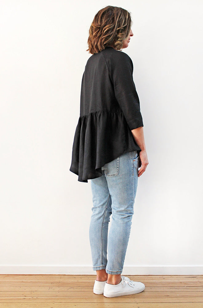 LINEN HI LO PEPLUM TOP BLACK