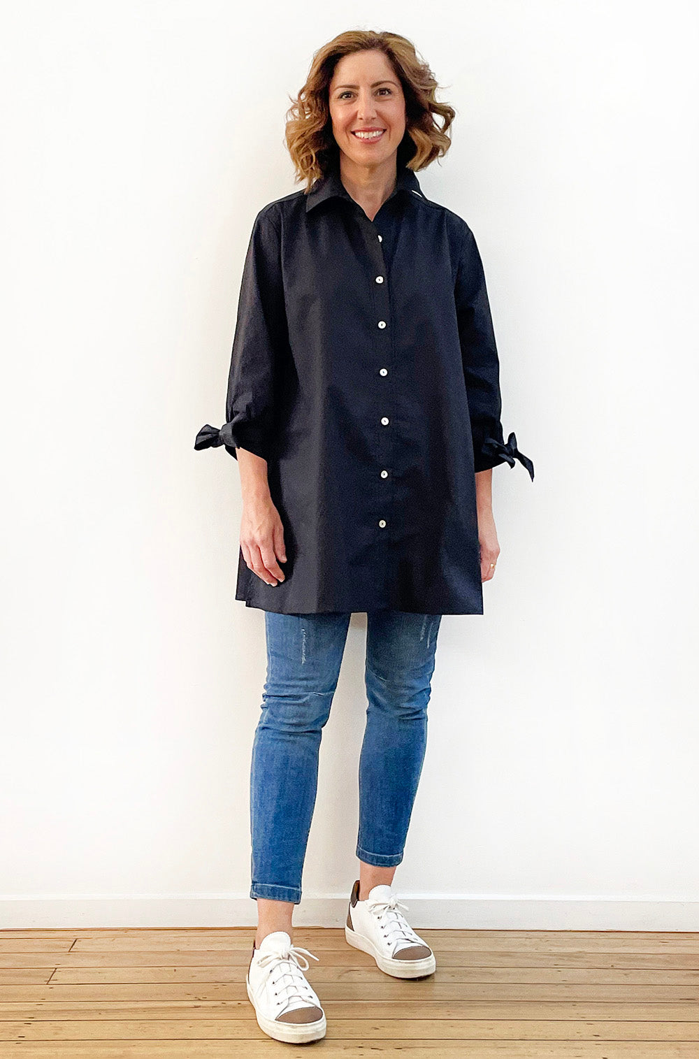 COTTON TIE SLEEVE SWING SHIRT BLACK