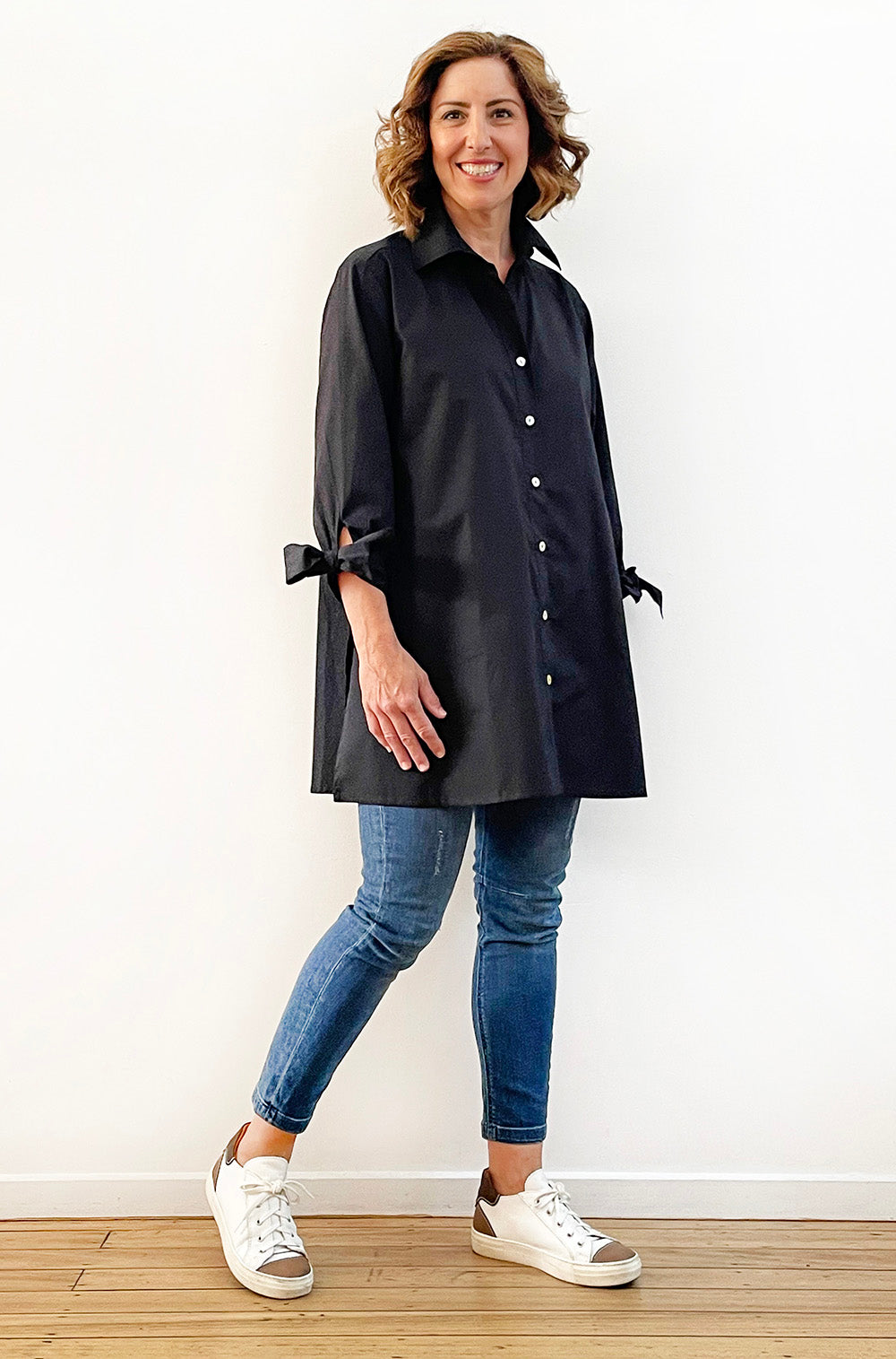 COTTON TIE SLEEVE SWING SHIRT BLACK