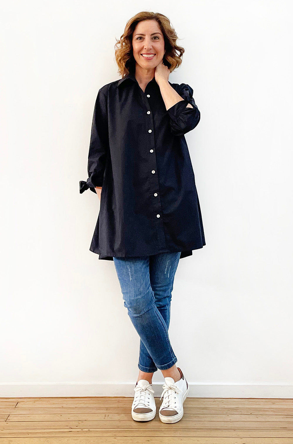 COTTON TIE SLEEVE SWING SHIRT BLACK