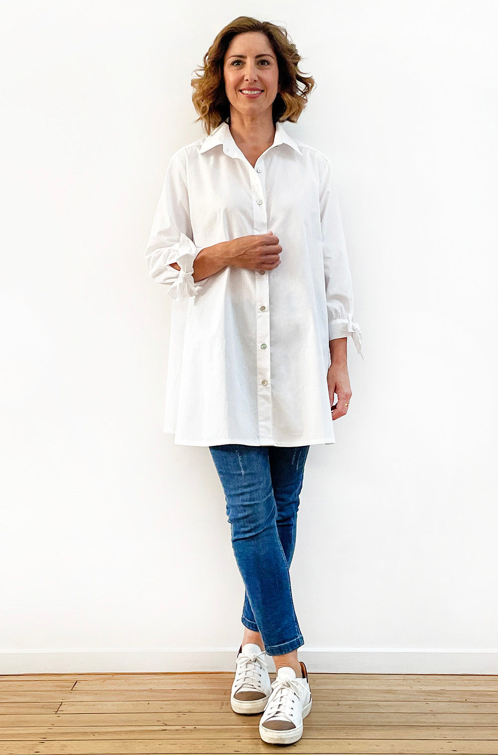 COTTON TIE SLEEVE SWING SHIRT WHITE