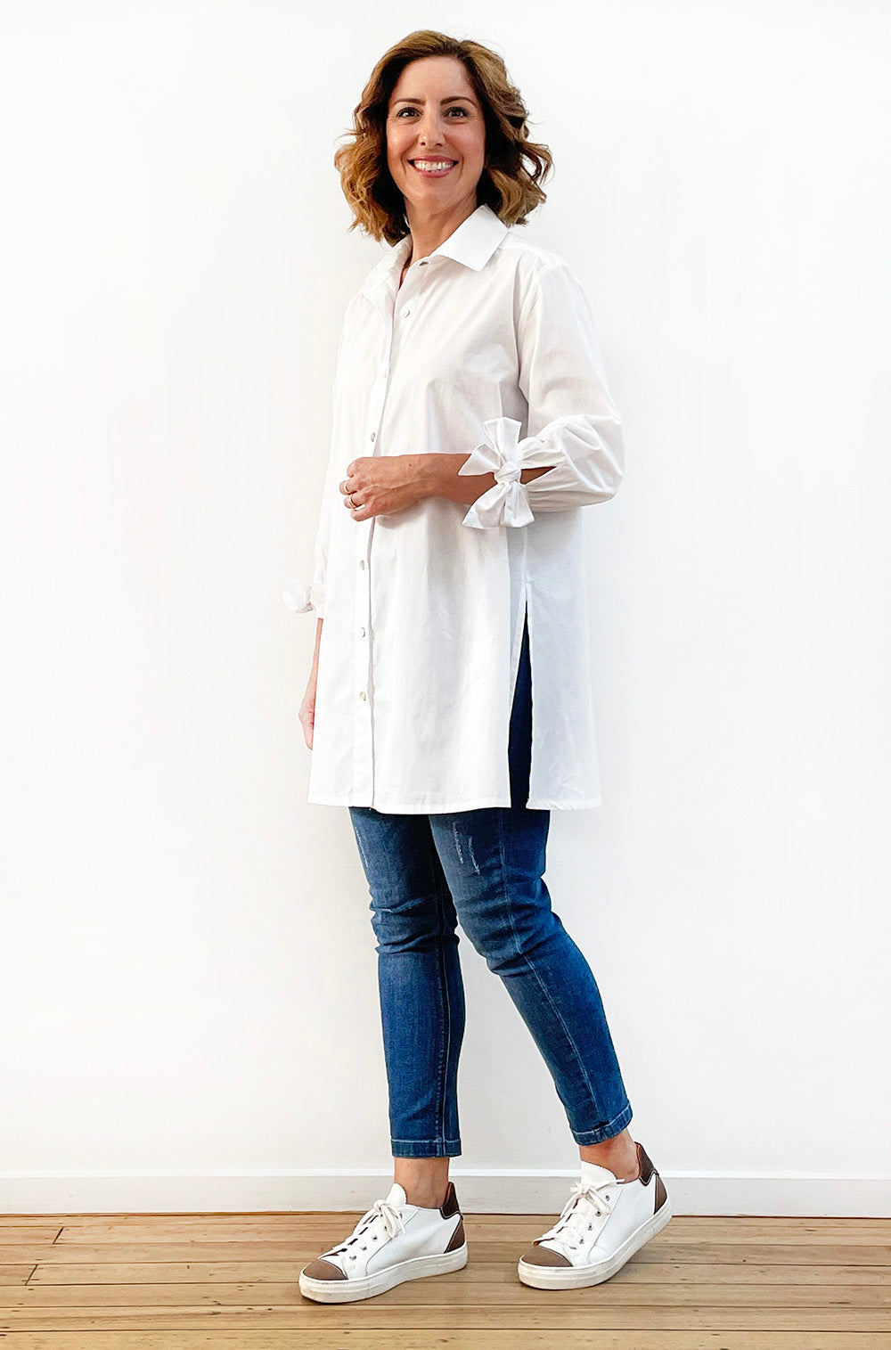 COTTON TIE SLEEVE SWING SHIRT WHITE