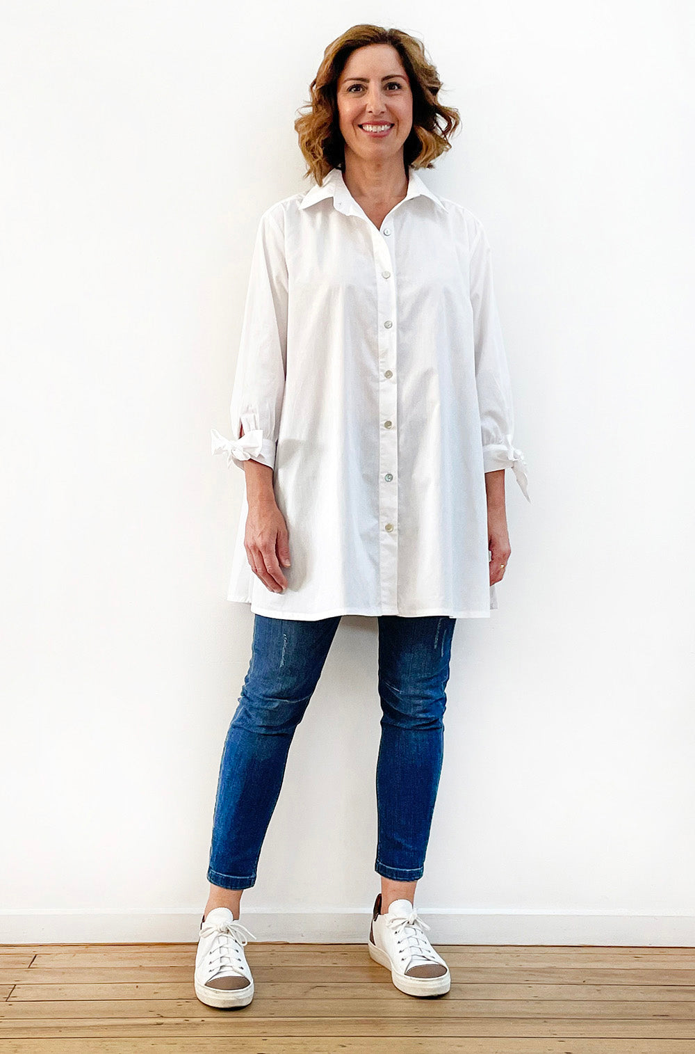 COTTON TIE SLEEVE SWING SHIRT WHITE