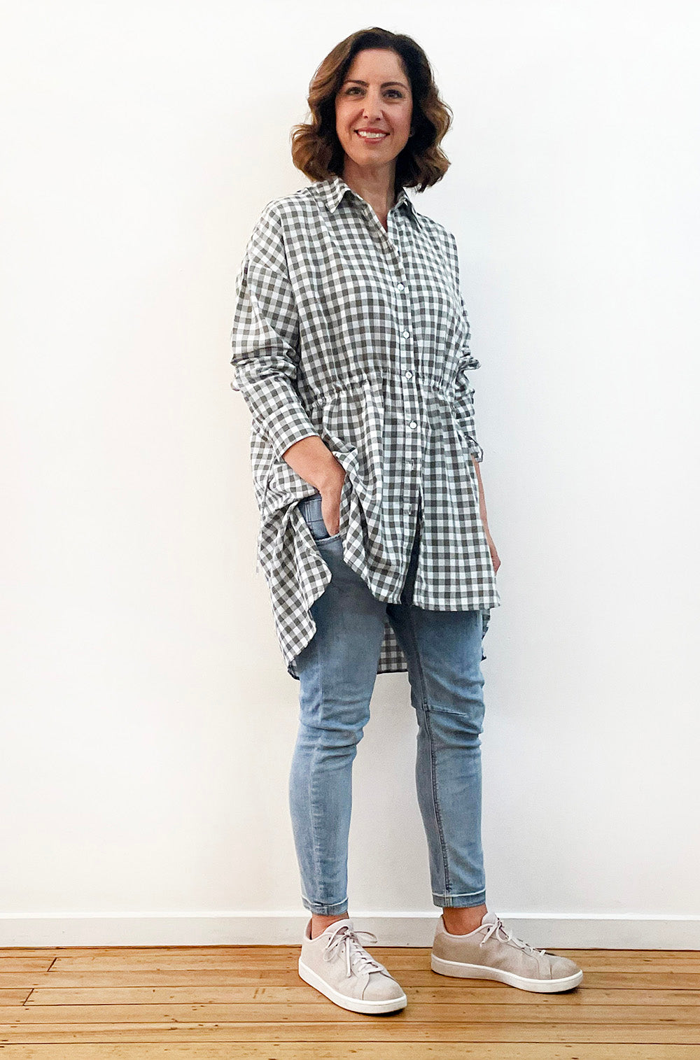 COTTON DRAWSTRING SHIRT KHAKI GINGHAM