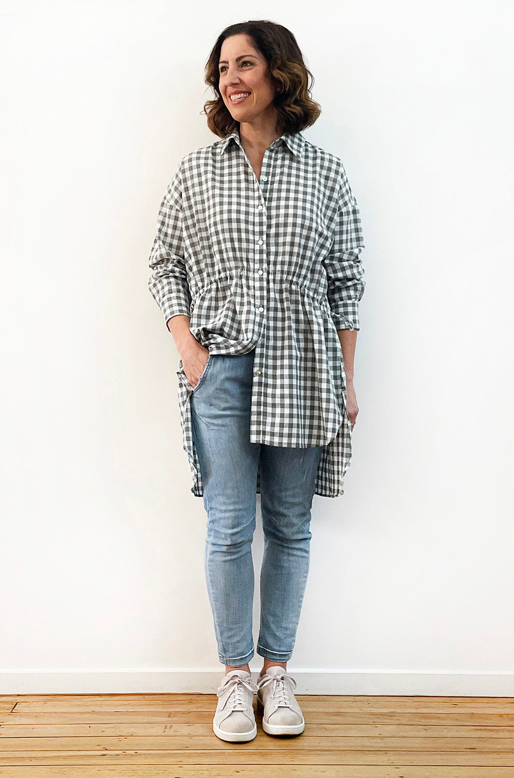 COTTON DRAWSTRING SHIRT KHAKI GINGHAM